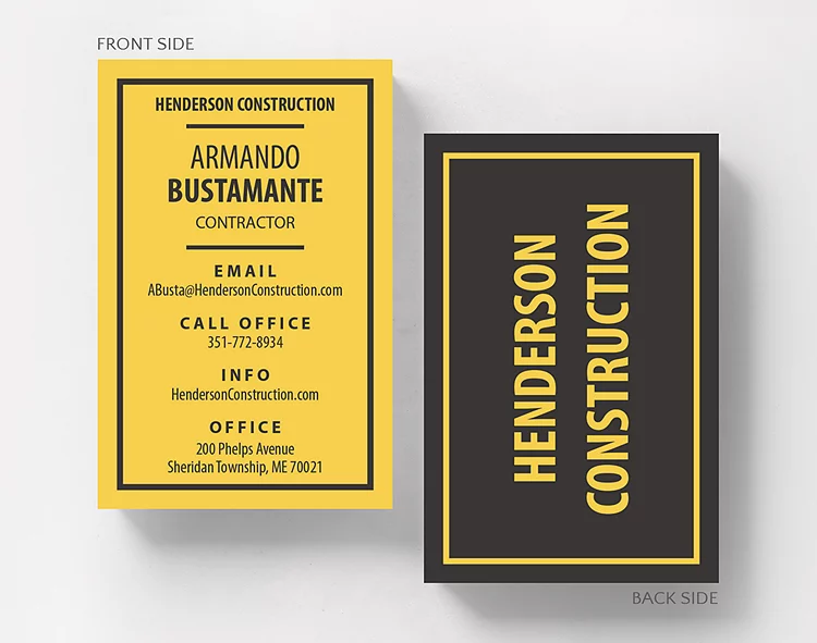 Custom business cards for construction company with bold yellow design