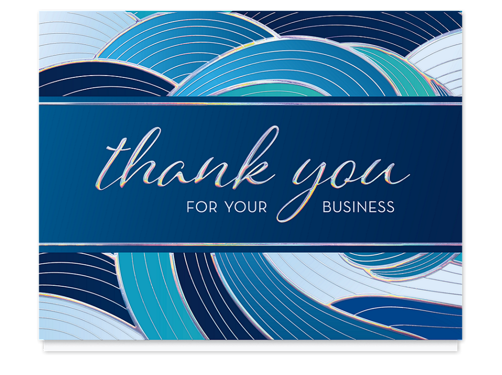 Elegant business thank you card for customer appreciation, featuring 'Thank You for Your Business' text in iridescent font, centered on a dark blue band with decorative wave patterns in shades of blue and teal.