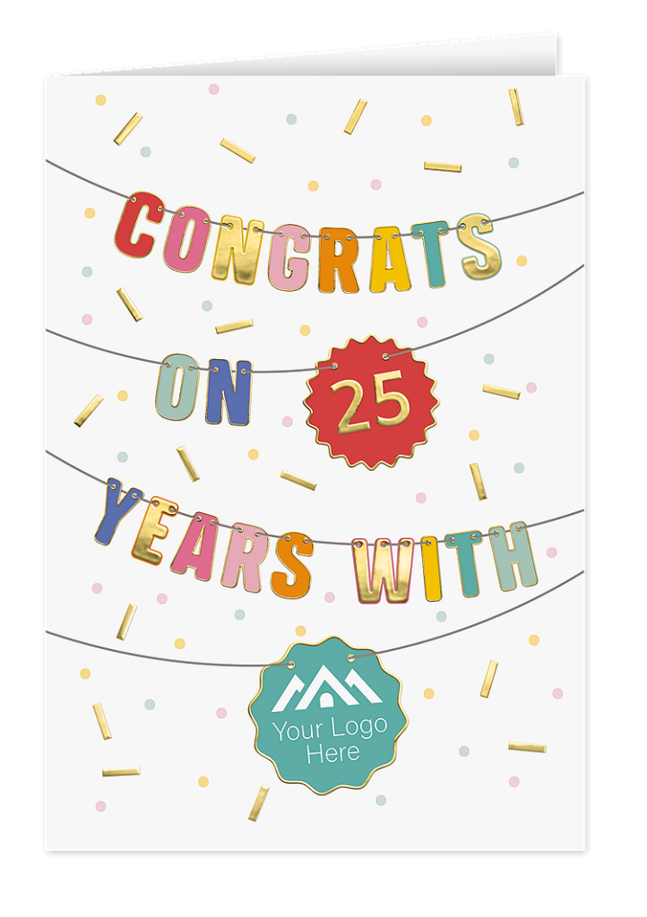 employee anniversary card celebrating 25 years with customizable logo and colorful banner design