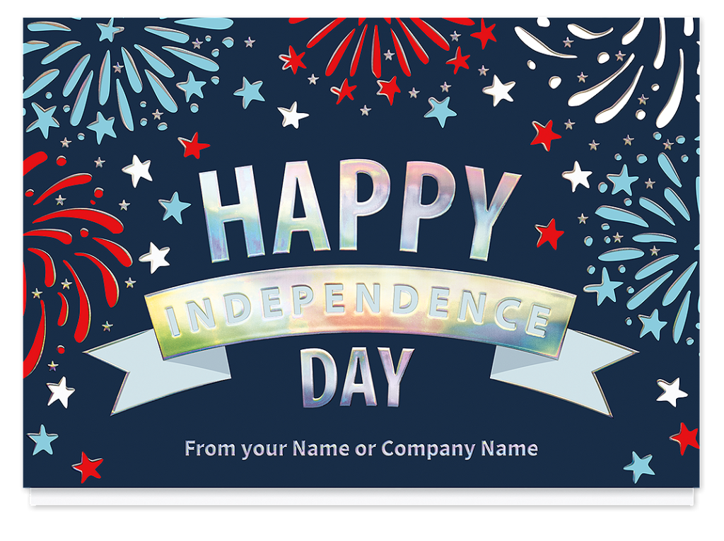 4th of July cards for businesses featuring Happy Independence Day message with fireworks and patriotic stars.