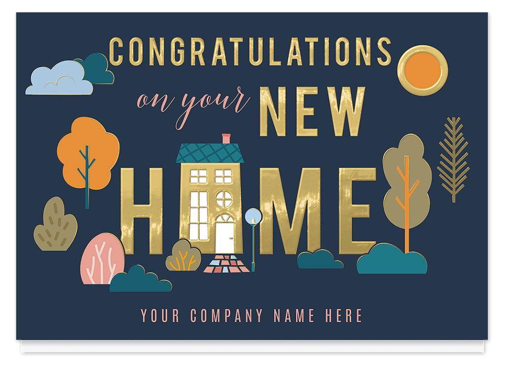 Real estate marketing materials featuring a customizable new home congratulations card