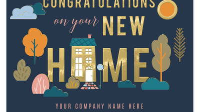Real estate marketing materials featuring a customizable new home congratulations card