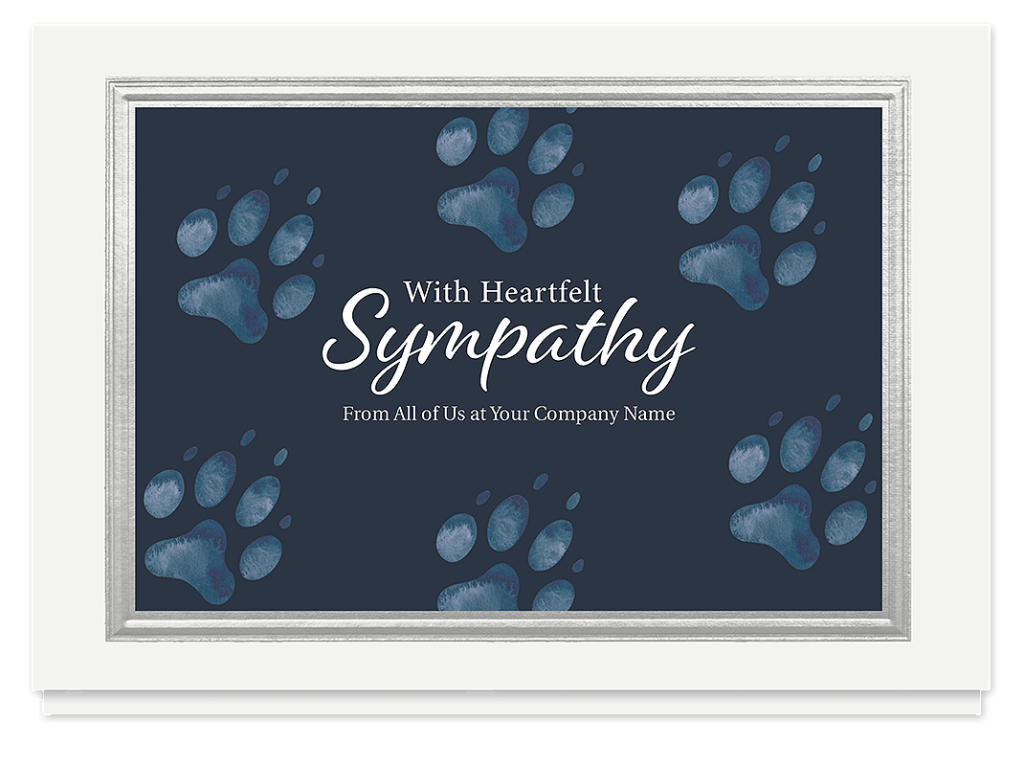 Pet sympathy cards featuring blue paw prints and a heartfelt sympathy message