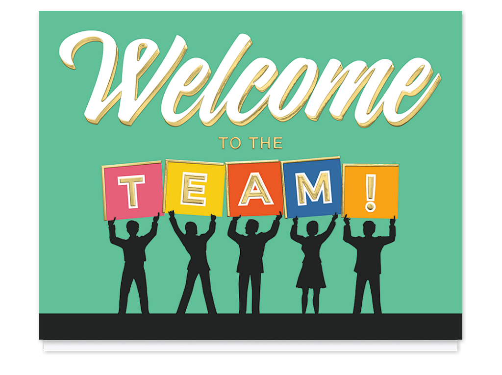 Employee welcome cards featuring a colorful welcome to the team design