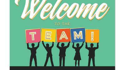 Employee welcome cards featuring a colorful welcome to the team design