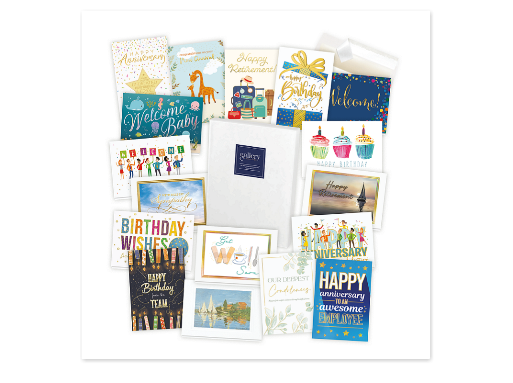 Greeting card assortment boxes featuring birthday, thank you, congratulations, sympathy, and office greeting cards