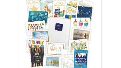 Greeting card assortment boxes featuring birthday, thank you, congratulations, sympathy, and office greeting cards