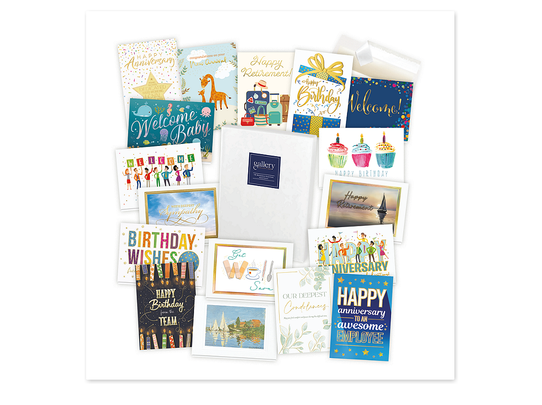 Greeting card assortment boxes featuring birthday, thank you, congratulations, sympathy, and office greeting cards